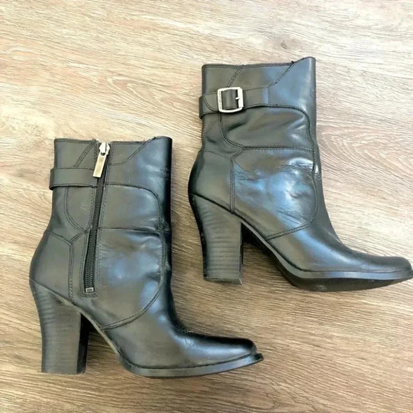 Harley Davidson Black Leather Heeled Western Block Heel Mid Calf Boots Point Toe - Picture 1 of 13
